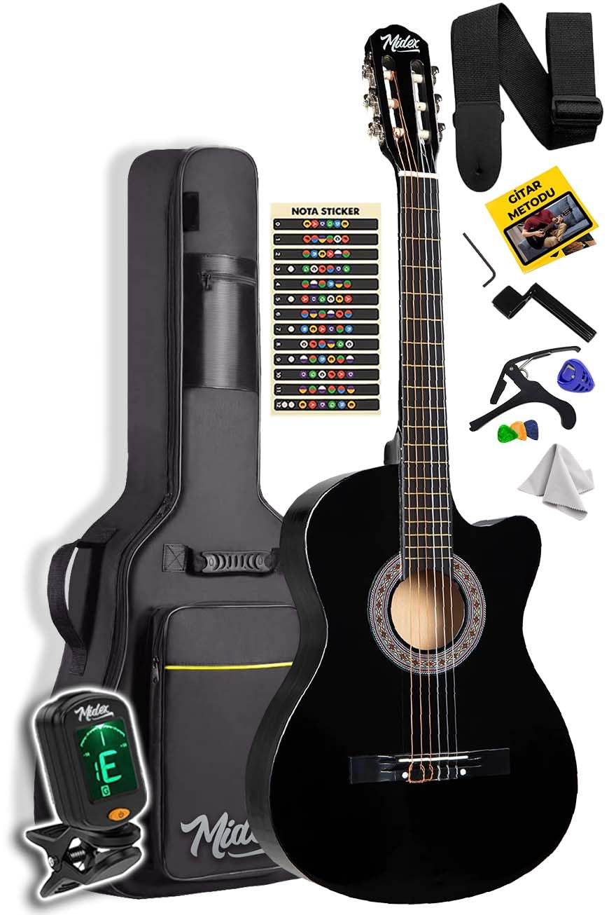 Midex CG-390BK-XBAG Siyah Klasik Gitar 4/4 Sap Ayarlı Kesik Kasa Full Set