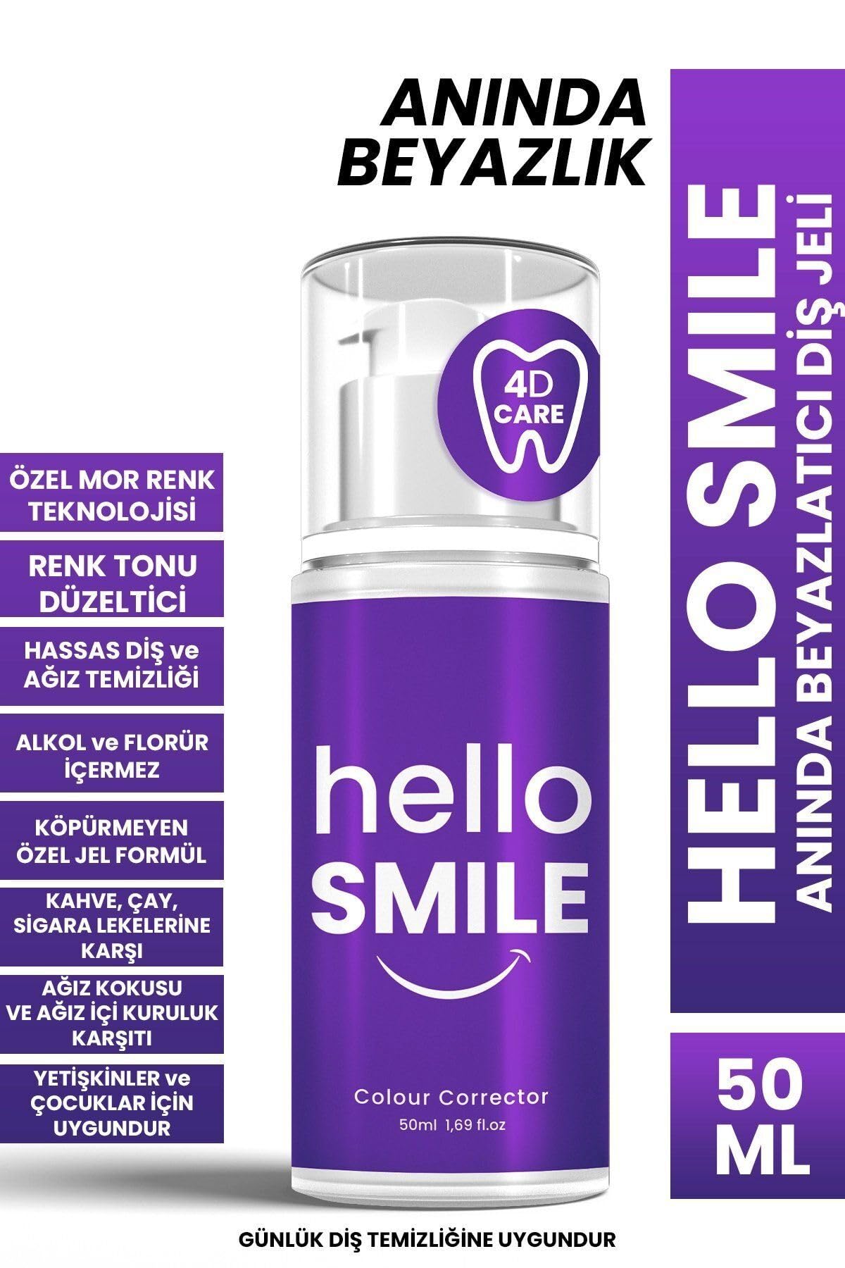 Hello Smile Anında Beyazlatıcı Diş Jeli, Plak ve Leke Karşıtı, Ferah Nefes & Günlük Ağız Bakımı, 50 ML (50 ML, Mor Renk)