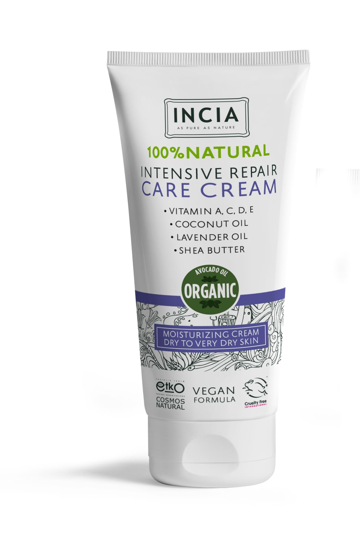 INCIA%100 Doğal Onarıcı Bakım Kremi Yoğun Nemlendirici Cilt Bakım Lavanta Avokado Shea Vegan 50 ml