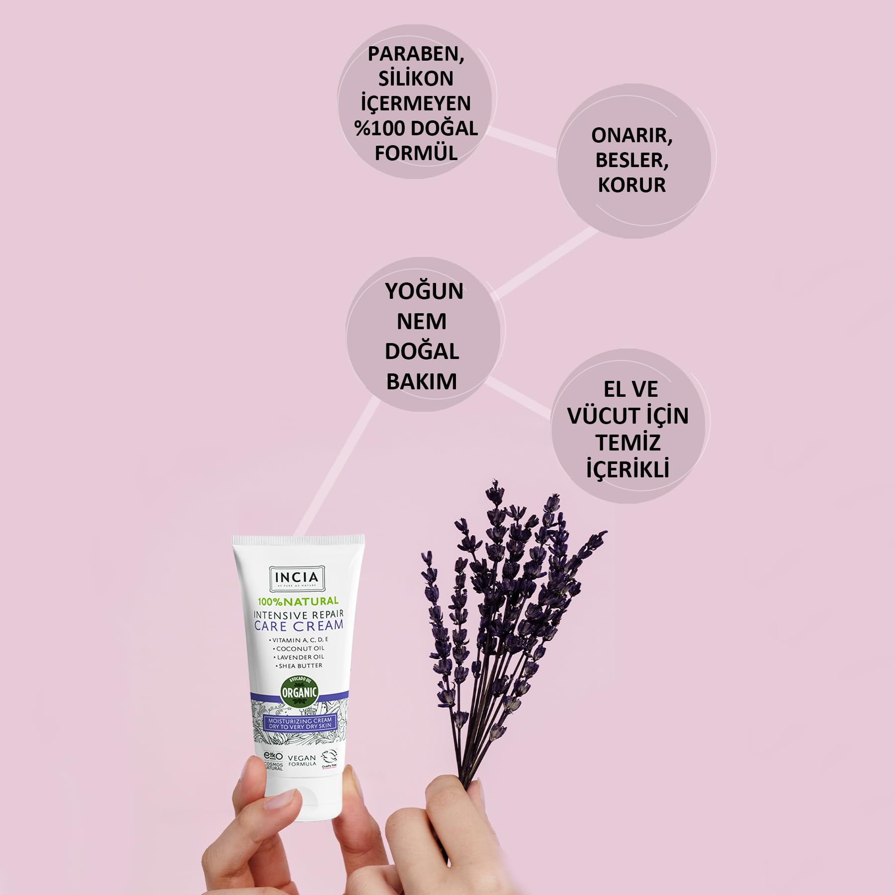 INCIA%100 Doğal Onarıcı Bakım Kremi Yoğun Nemlendirici Cilt Bakım Lavanta Avokado Shea Vegan 50 ml
