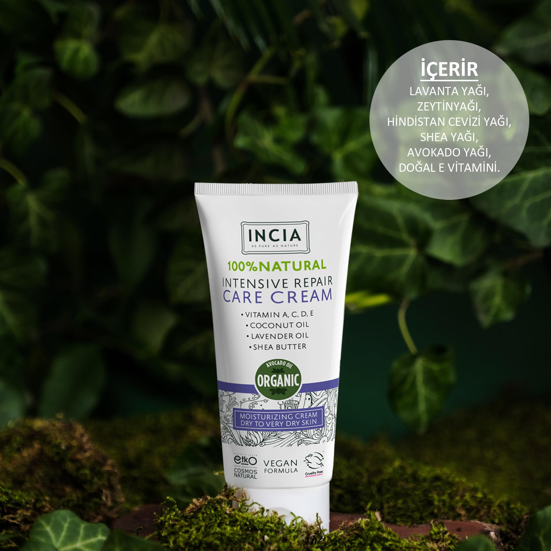 INCIA%100 Doğal Onarıcı Bakım Kremi Yoğun Nemlendirici Cilt Bakım Lavanta Avokado Shea Vegan 50 ml