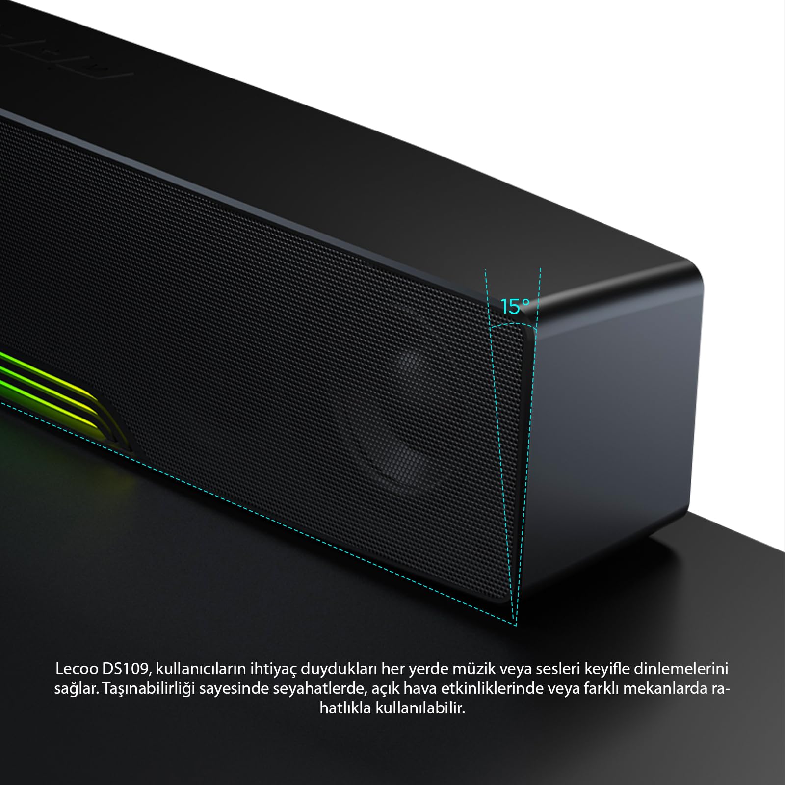 Lecoo DS109 10W Bluetooth Kablosuz RGB Aydınlatmalı Hoparlör - Masaüstü, PC, TV, Laptop Uyumlu, USB/SD Kart/AUX Girişi, 360° Surround Ses, Mikrofonlu Taşınabilir Soundbar Siyah