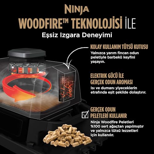 Ninja Woodfire Elektrikli BBQ Grill Smoker, 2400W, 7 Pişirme Fonksiyonu, Izgara, Smoker, Air Fry, Kızartma, Pişirmek, Yeniden Isıtma, Dehidrat, Led Gösterge, Tütsüleme