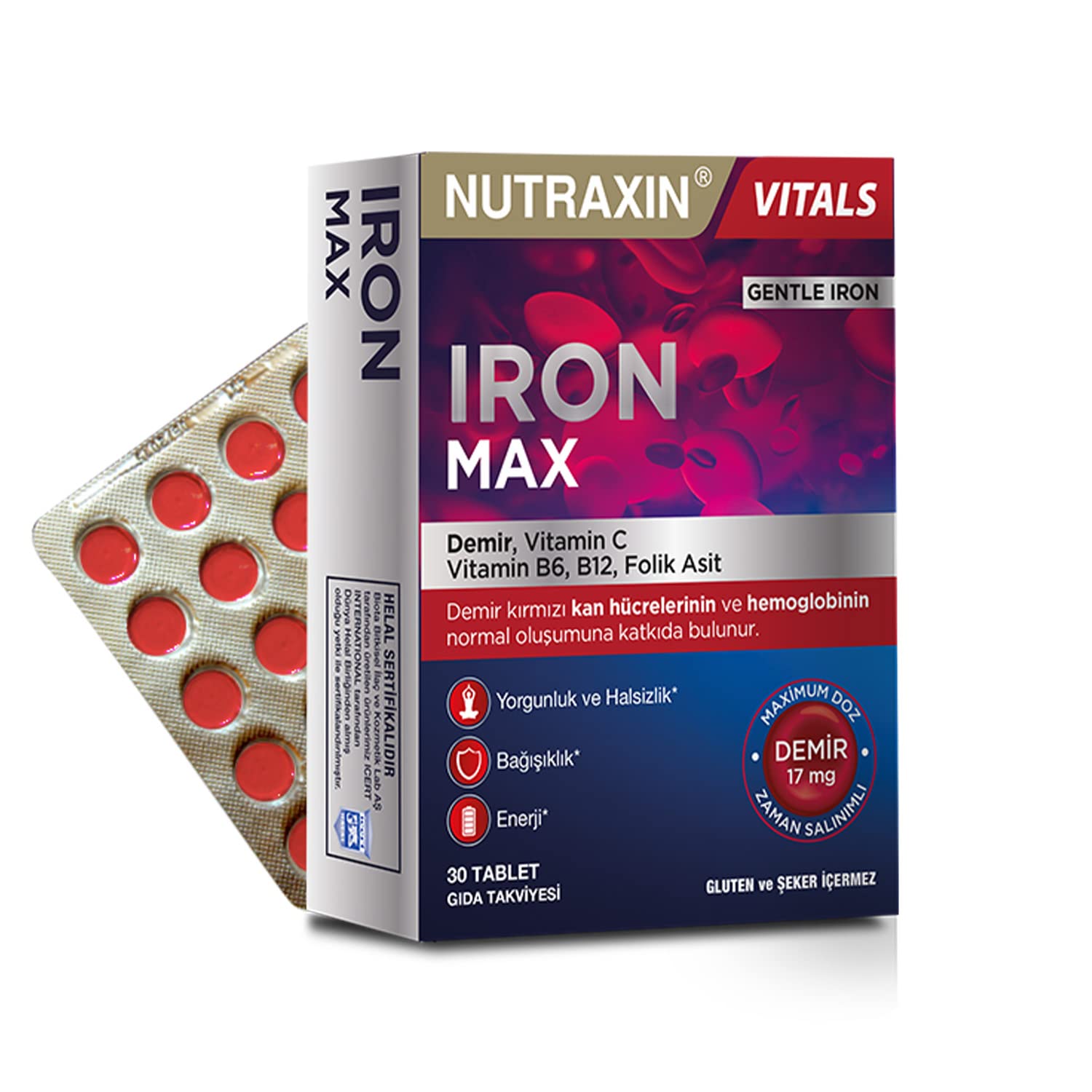 Nutraxin Iron Max 30 Tablet – Demir, C Vitamini, Folik Asit ve B12 Vitamini İçeren Takviye
