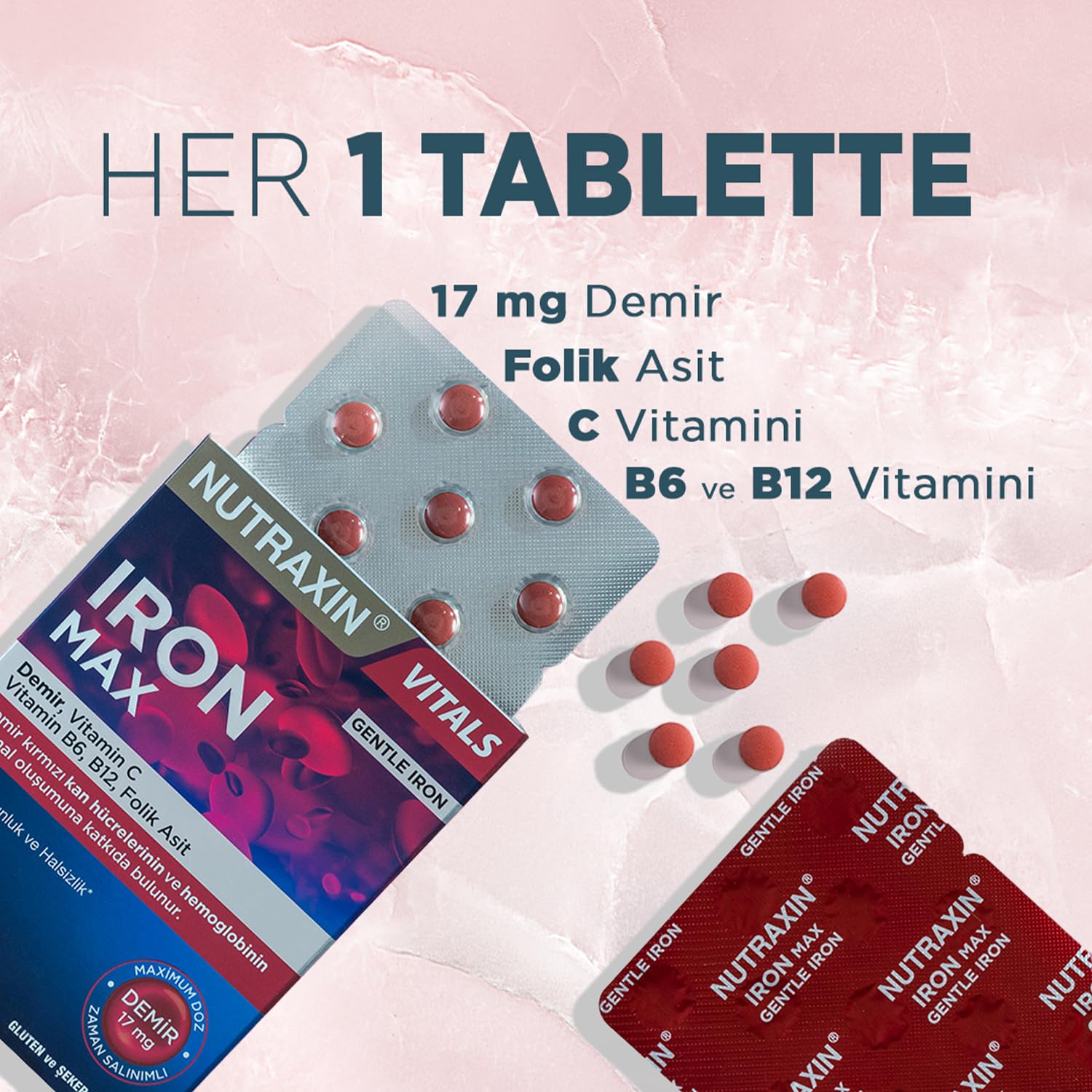 Nutraxin Iron Max 30 Tablet – Demir, C Vitamini, Folik Asit ve B12 Vitamini İçeren Takviye