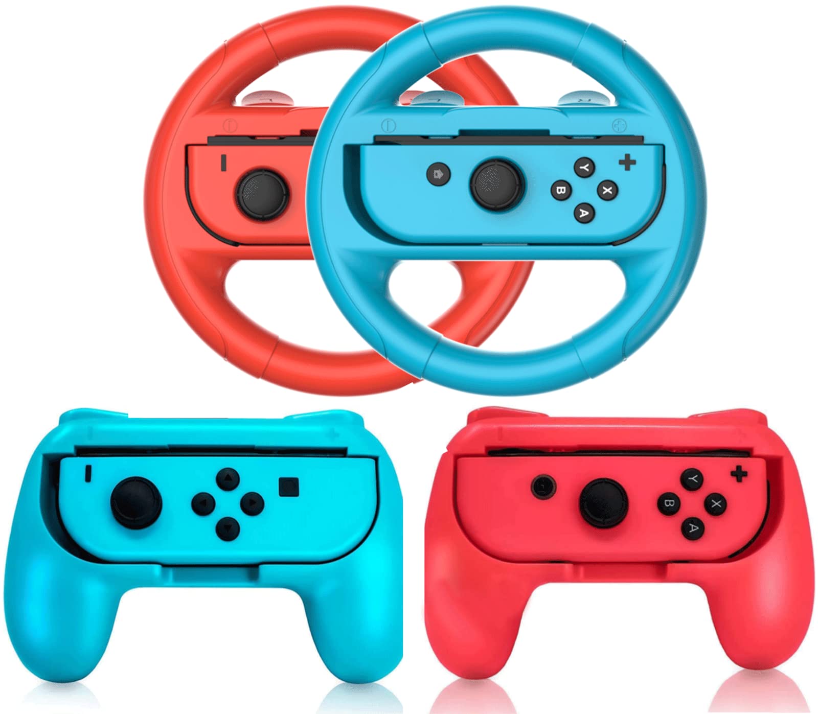 2 PCS Grips for Joy Con and 2 PCS Steering Wheel Compatible for Nintendo Switch Wheel, Family Sports Party Pack Accessories Compatible with Switch/Switch OLED JoyCon Controllers, (Blue and Red)