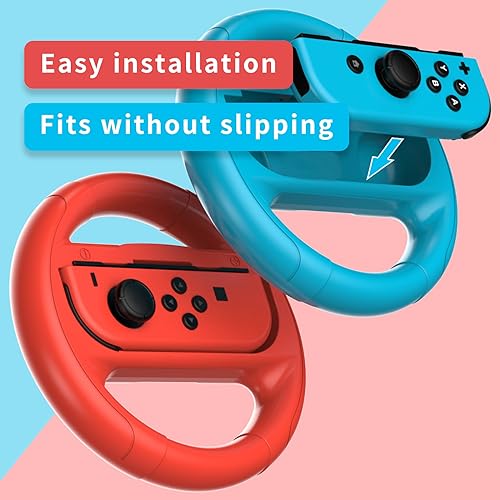 2 PCS Grips for Joy Con and 2 PCS Steering Wheel Compatible for Nintendo Switch Wheel, Family Sports Party Pack Accessories Compatible with Switch/Switch OLED JoyCon Controllers, (Blue and Red)