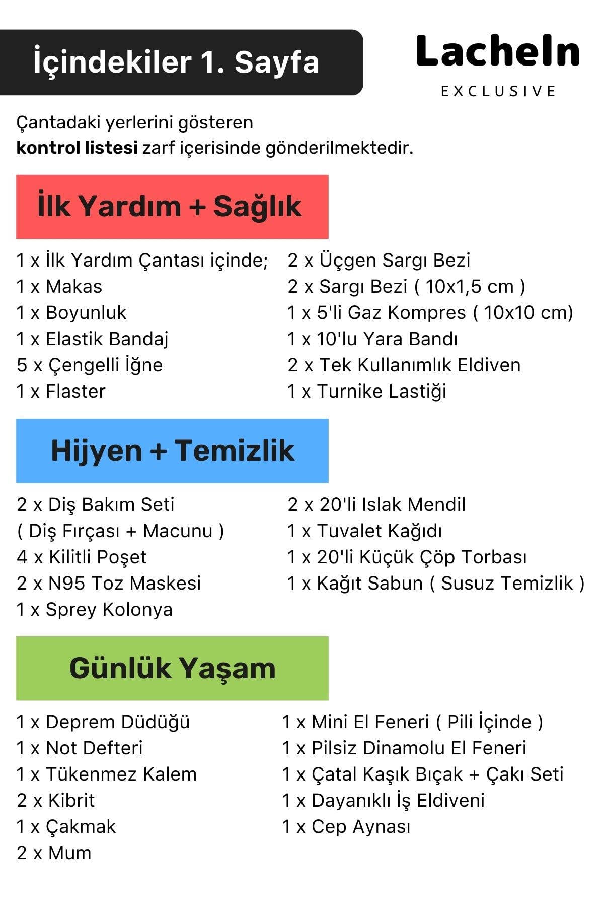 Lacheln Orijinal Maxi Paket Tam Kapsamlı Hazır Deprem Çantası Afet İçin İlk Yardım Acil Durum Yaşam Seti