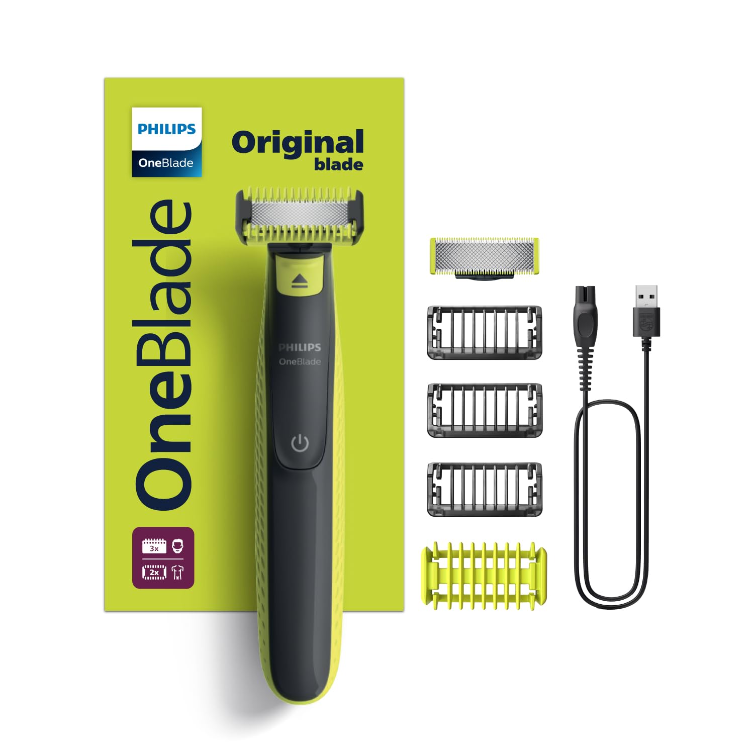 Philips OneBlade Yüz ve Vücut için Hibrit Tıraş Makinesi,Sakal Şekillendirici, Islak/Kuru Kullanım, 3 Kirli Sakal Tarağı, 1 Yedek Bıçak, Vücut Tarağı, Cilt Koruması, Çift Taraflı Bıçak, QP2824/10