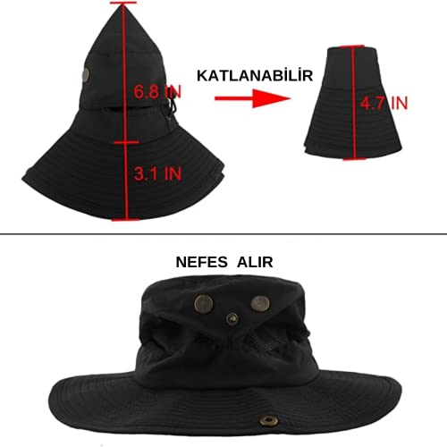 Yılmazel Safari Şapka Geniş Kenarlı Balıkçı Şapkası Katlanabilir Boonie Erkekler ve Kadınlar için Açık Güneş Şapkası -Yürüyüş, Kamp, Bisiklete binme, Balık Tutma (Siyah)
