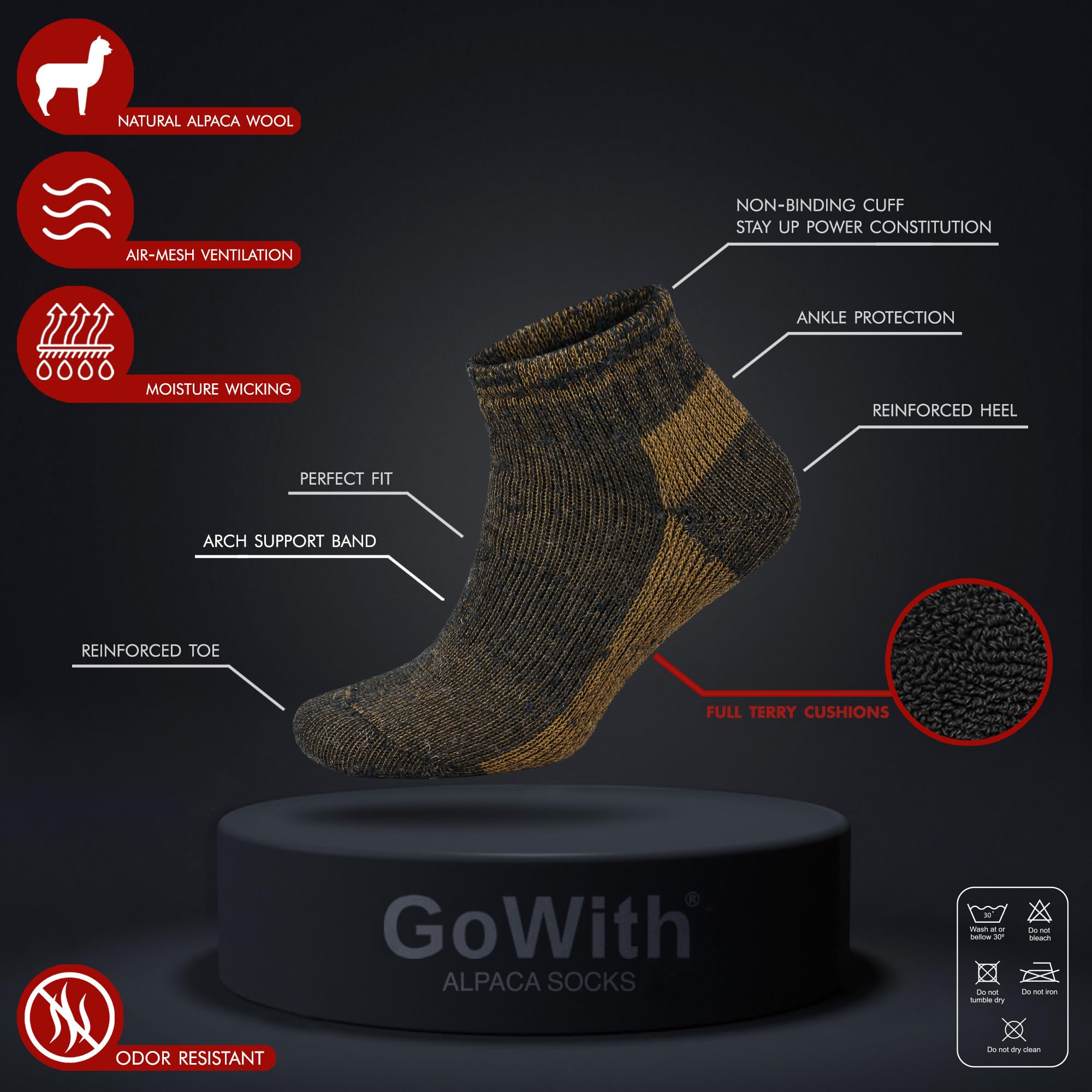 GoWith Unisex Alpaka Yünlü Termal Tam Havlulu Yürüyüş Outdoor Hiking Ayak Bileği Boyu Kısa Patik Çorap 6007