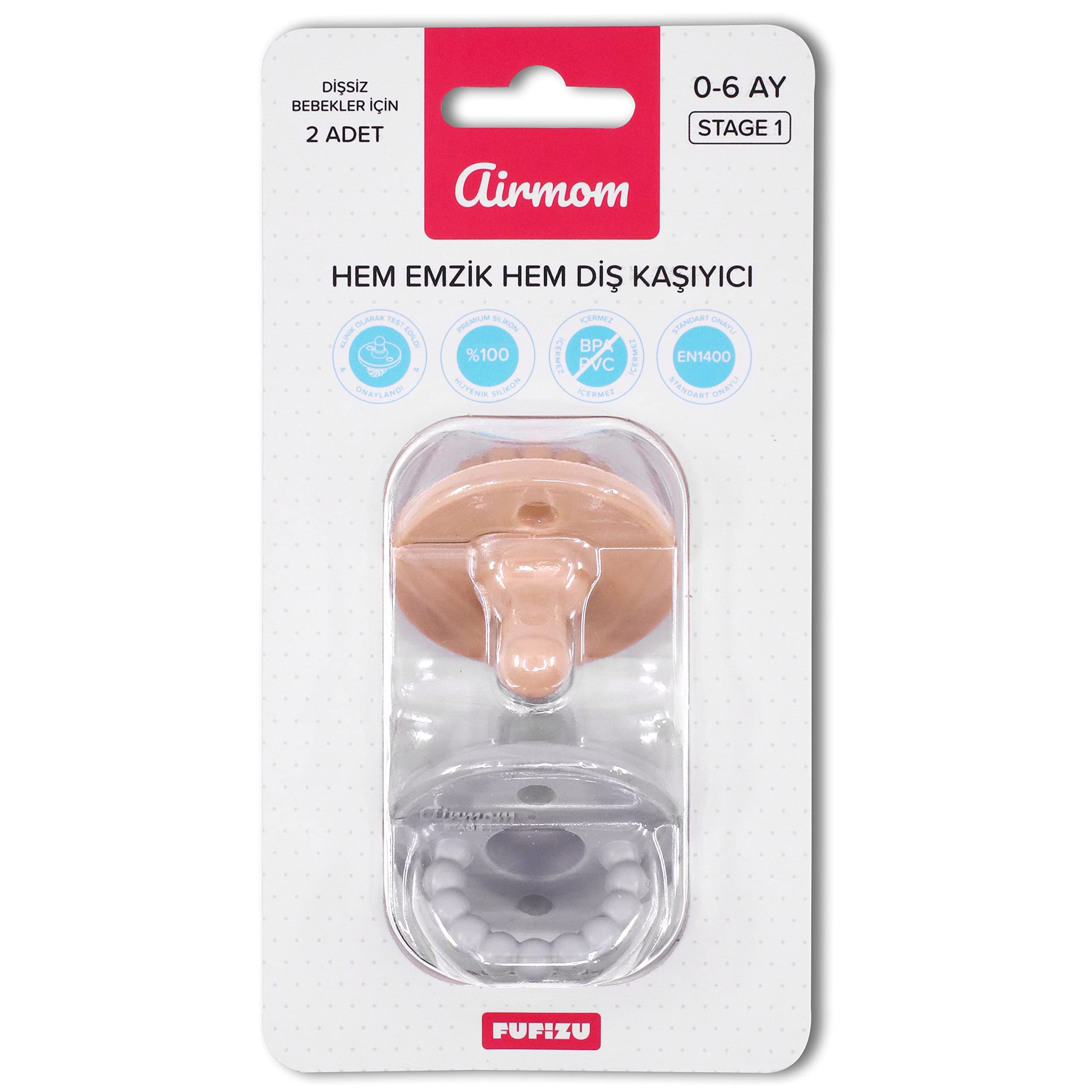 Fufizu Airmom Emzik - Hem Emzik Hem Diş Kaşıyıcı 2'li Silikon Emzik - Yenidoğan ve 0-6 Ay Koyu Gri & Taba