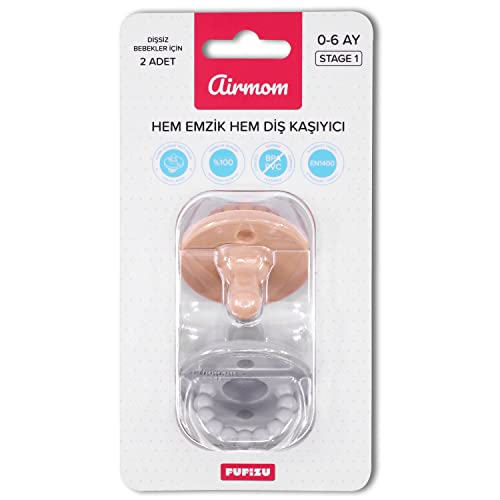 Fufizu Airmom Emzik - Hem Emzik Hem Diş Kaşıyıcı 2'li Silikon Emzik - Yenidoğan ve 0-6 Ay Koyu Gri & Taba