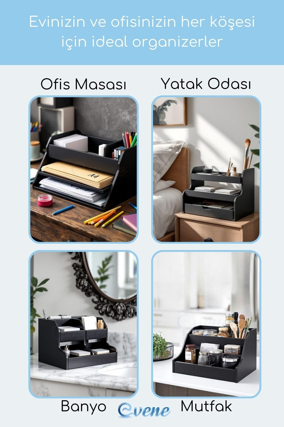 Evene Dosya Düzenleyici Masa Üstü Organizer Ahşap Evrak Raflı Model 1 Siyah, eorganizer1