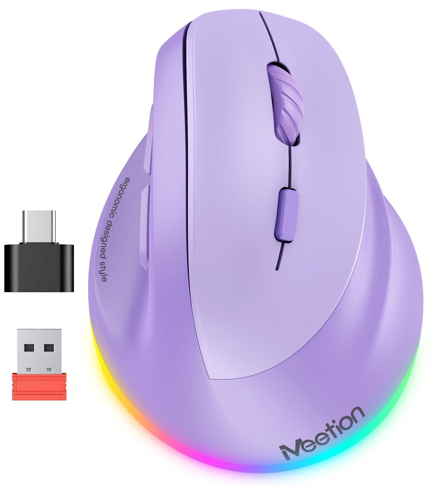 MEETION Ergonomik fare, kablosuz dikey fare RGB arkadan aydınlatmalı şarj edilebilir fare, Bluetooth (5.2 + 3.0) ve USB-A USB-C adaptörlü 4 ayarlanabilir DPI uyumlu Mac/Windows/Andriod/PC/Tablet/iPad