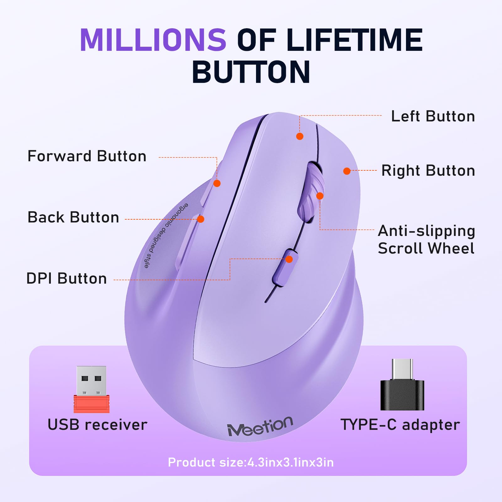 MEETION Ergonomik fare, kablosuz dikey fare RGB arkadan aydınlatmalı şarj edilebilir fare, Bluetooth (5.2 + 3.0) ve USB-A USB-C adaptörlü 4 ayarlanabilir DPI uyumlu Mac/Windows/Andriod/PC/Tablet/iPad