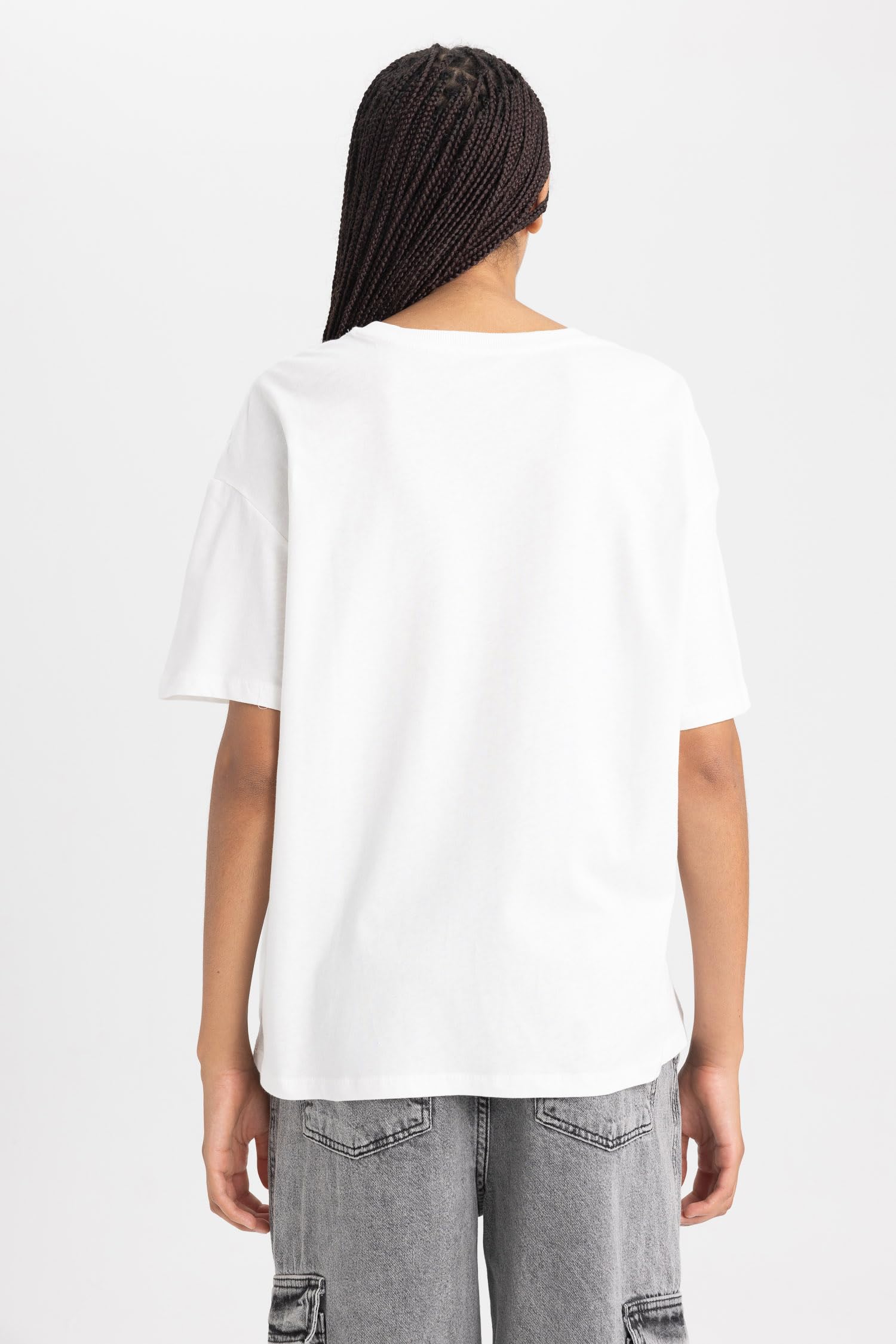 DeFacto, Oversize Fit Bisiklet Yaka Kısa Kollu Tişört, Kadın, Ekrü, M