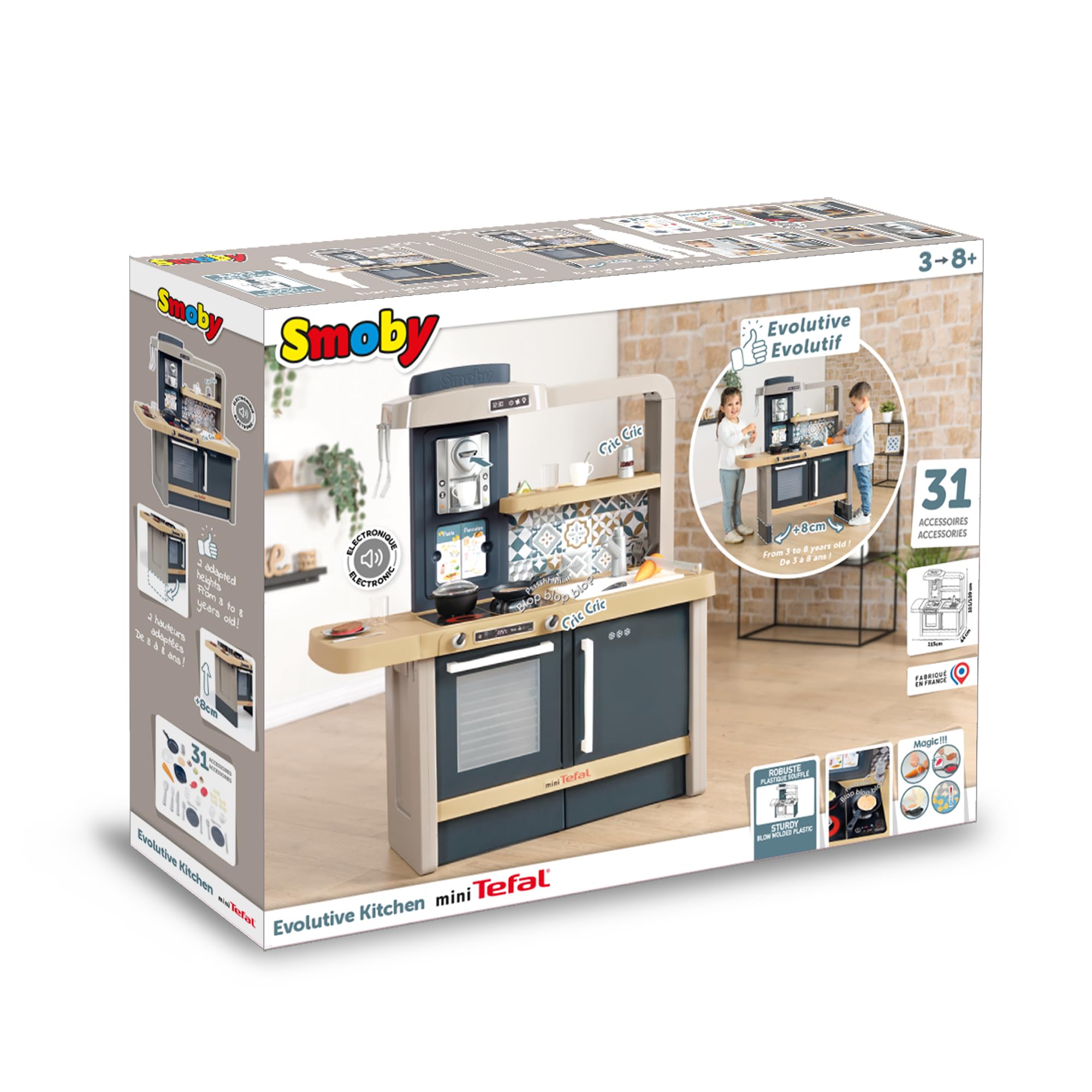 Smoby, 312308, Tefal Evo Mutfak, Ayarlanabilir Tezgah Boyu, Oyuncak Mutfak Aletleri, Çoklu Aksesuar, Fonksiyonel, Elektronik Ses Modüllü, Pilli