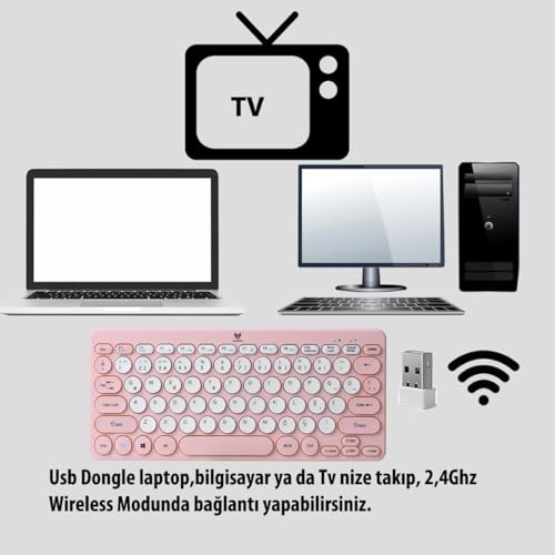 Blueforce Bt-k95 2,4Ghz Wireless + Bluetooth Kablosuz Sessiz Klavye Pembe Çift Modlu Telefon Tablet Mac Uyumlu