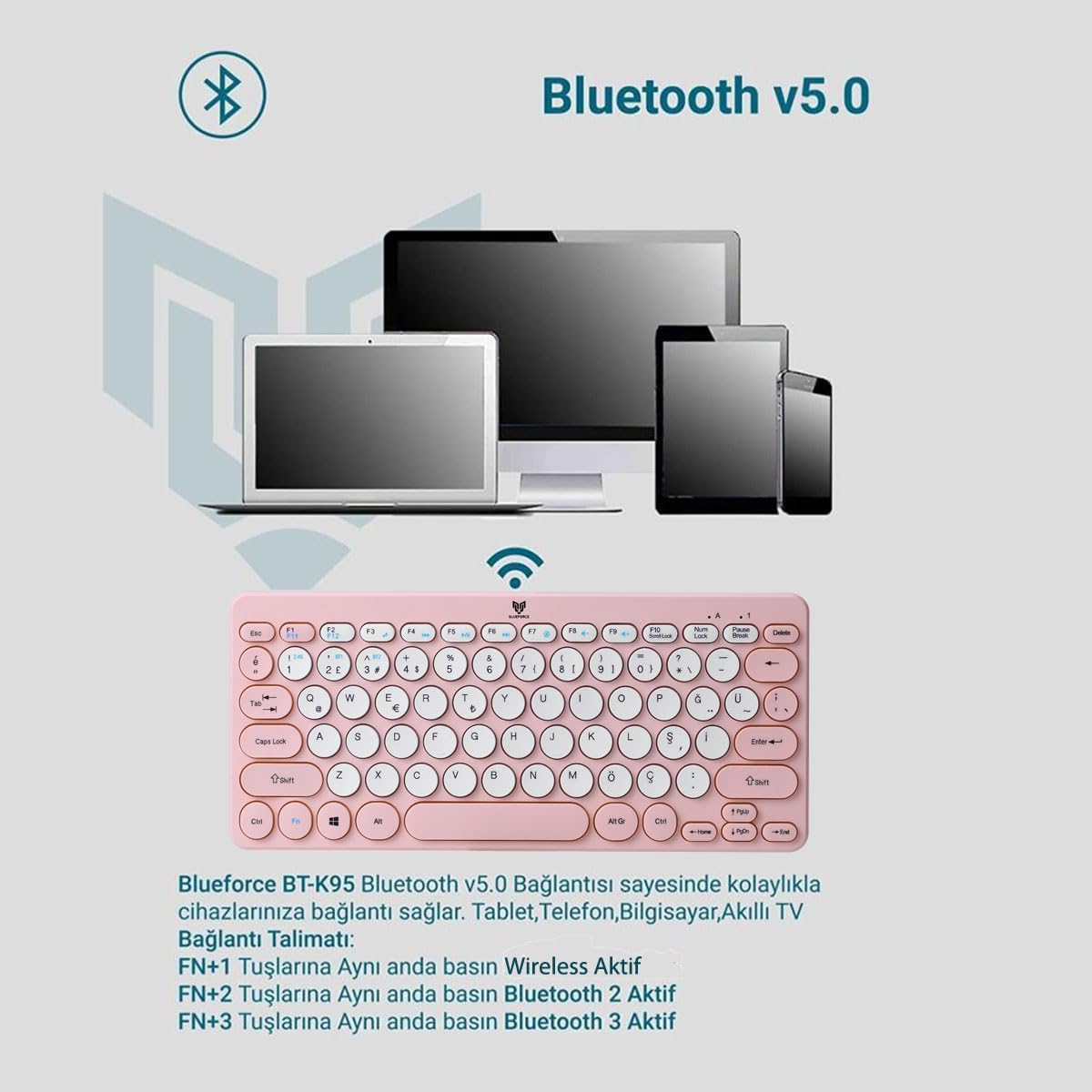 Blueforce Bt-k95 2,4Ghz Wireless + Bluetooth Kablosuz Sessiz Klavye Pembe Çift Modlu Telefon Tablet Mac Uyumlu
