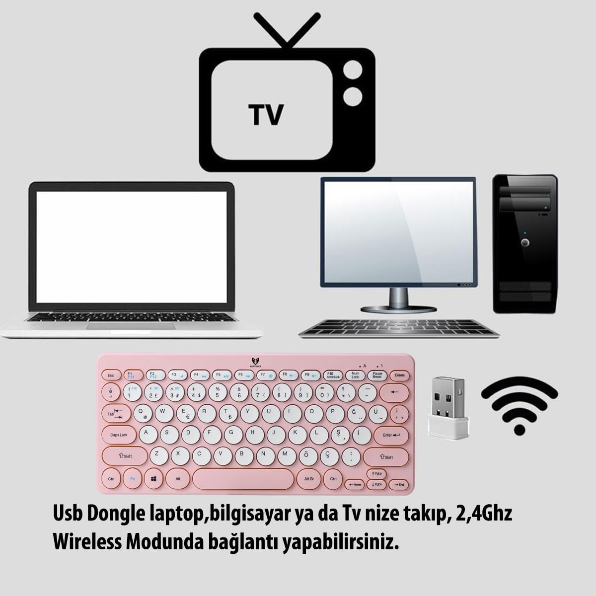 Blueforce Bt-k95 2,4Ghz Wireless + Bluetooth Kablosuz Sessiz Klavye Pembe Çift Modlu Telefon Tablet Mac Uyumlu