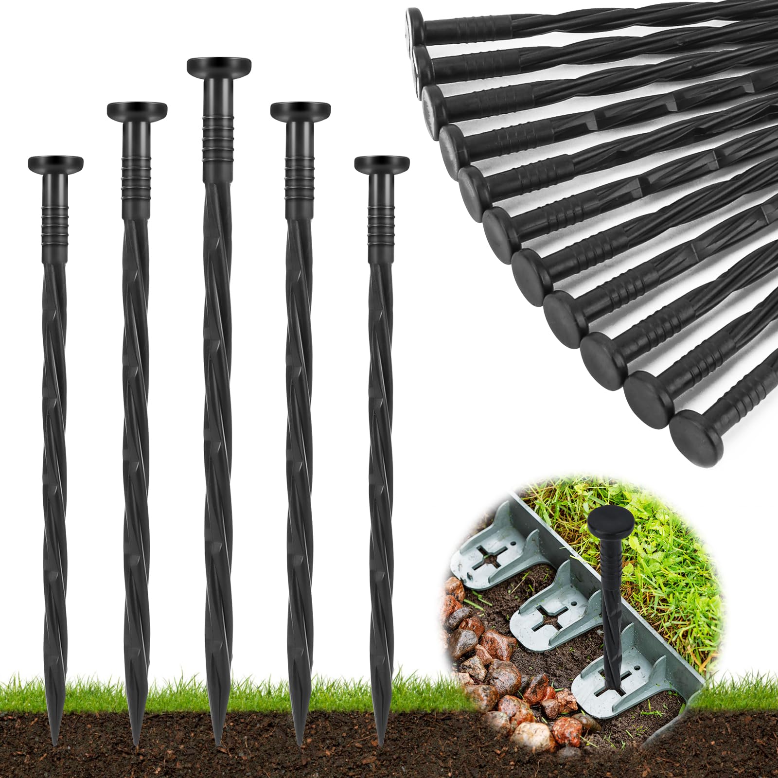 Garaook Peyzaj Kenar Kazıkları, 100 Adet 8 '' Plastik Bahçe Çivileri, Finişer Kenarları, Yabani Ot Bariyerleri, Suni Çim, Çadır, Çim Yolu ve Daha Fazlası için Spiral Naylon Ankraj Çivileri