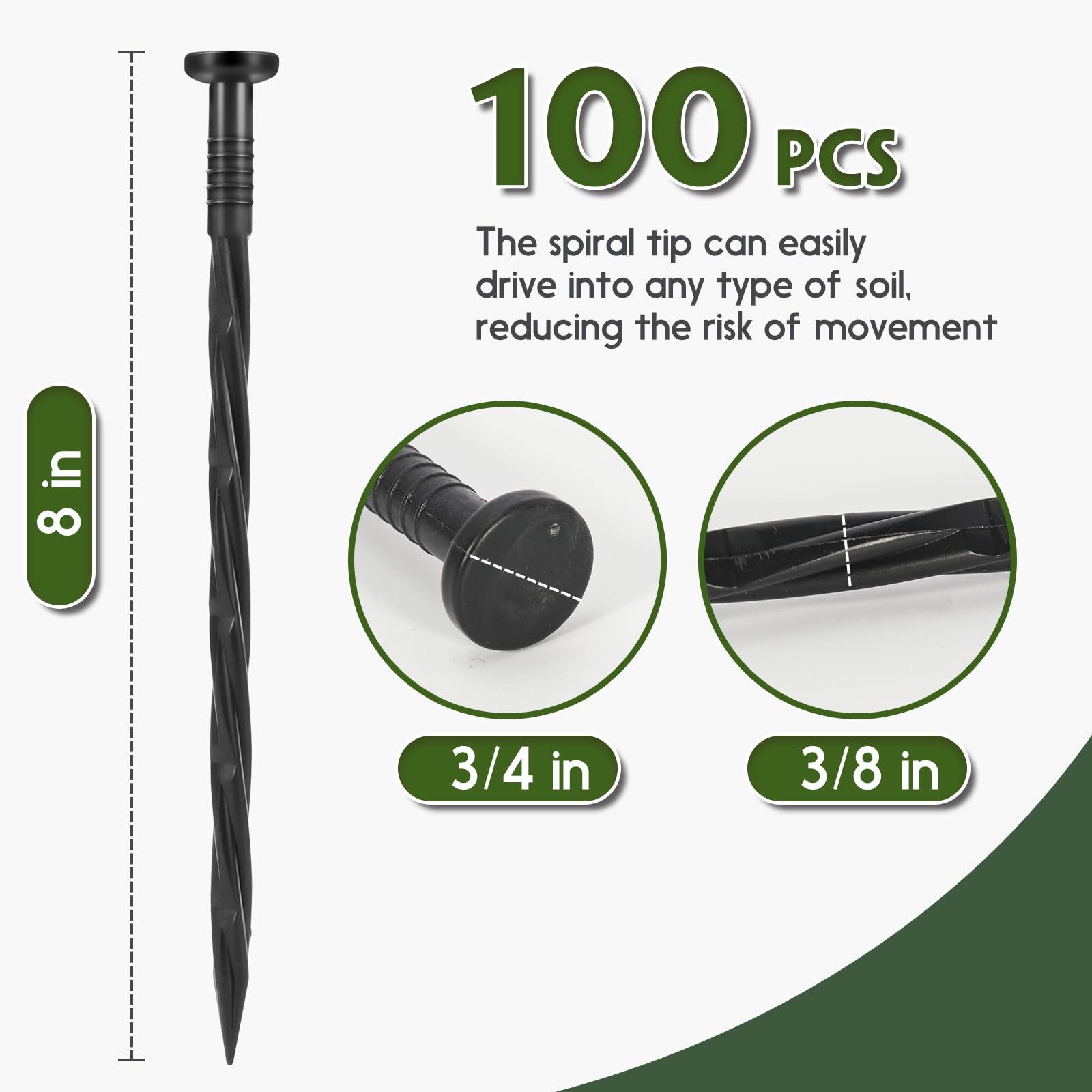 Garaook Peyzaj Kenar Kazıkları, 100 Adet 8 '' Plastik Bahçe Çivileri, Finişer Kenarları, Yabani Ot Bariyerleri, Suni Çim, Çadır, Çim Yolu ve Daha Fazlası için Spiral Naylon Ankraj Çivileri