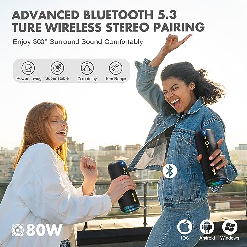 W-KING Bluetooth Hoparlörler - IP67 Su Geçirmez Dış Mekan Taşınabilir Kablosuz Hoparlör, 40W HD 360° Işıklı Stereo Surround Ses, Özel EQ ve Derin Bas/V5.3/DSP/24H/TF/AUX, Toz Geçirmez, Duş, Kamp için