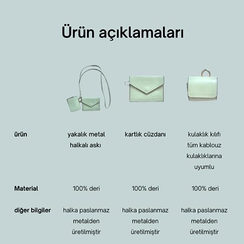More and Mori Hakiki Deri Kordon boyun askılı Metal Tokalı Kadın Erkek Kredi kartlık Cüzdanı ve kablosuz kulaklık kılıfı Takım aksesuar (Mint Yeşil)