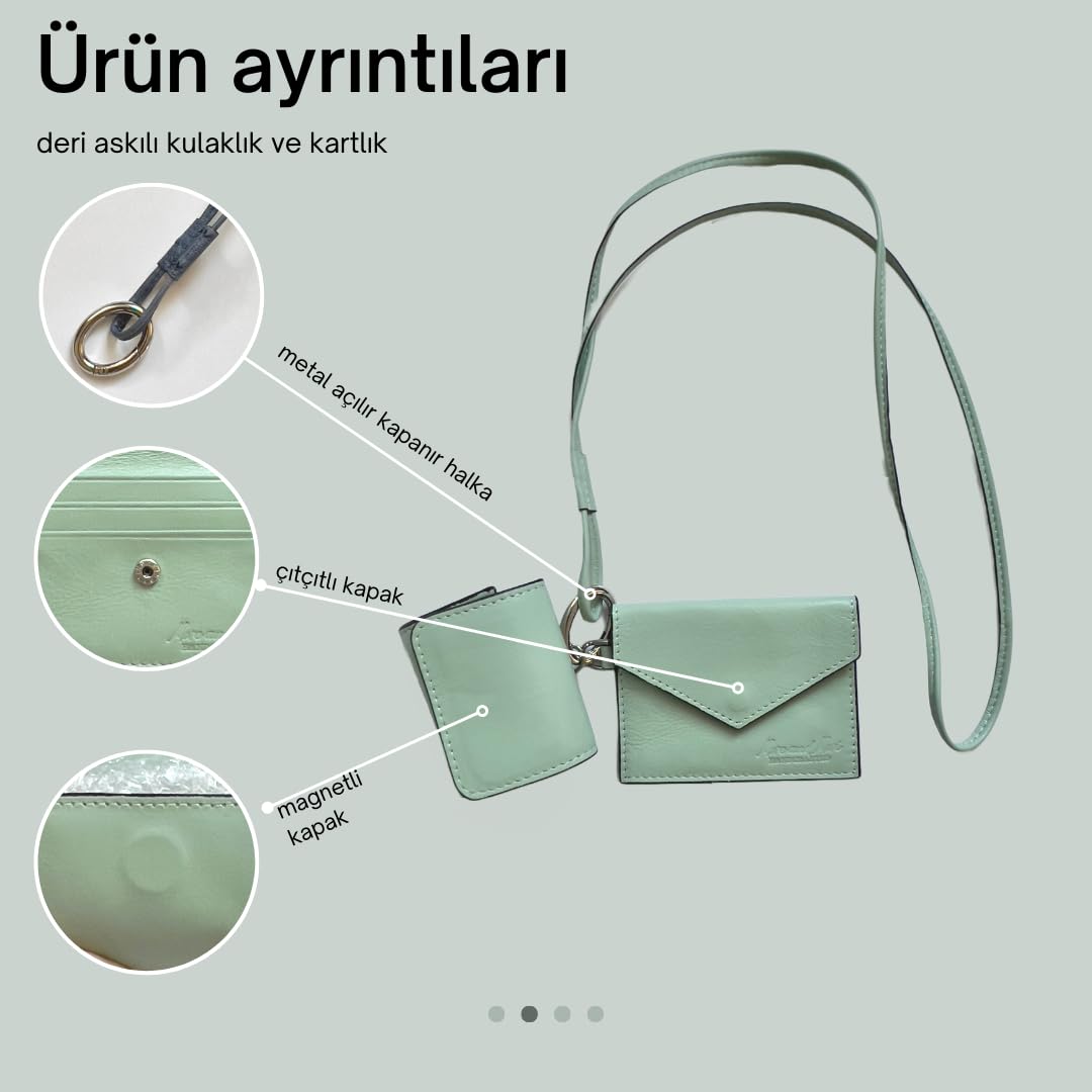 More and Mori Hakiki Deri Kordon boyun askılı Metal Tokalı Kadın Erkek Kredi kartlık Cüzdanı ve kablosuz kulaklık kılıfı Takım aksesuar (Mint Yeşil)