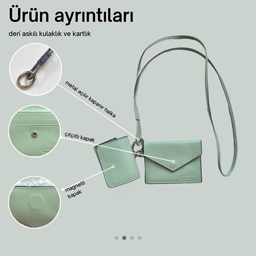 More and Mori Hakiki Deri Kordon boyun askılı Metal Tokalı Kadın Erkek Kredi kartlık Cüzdanı ve kablosuz kulaklık kılıfı Takım aksesuar (Mint Yeşil)