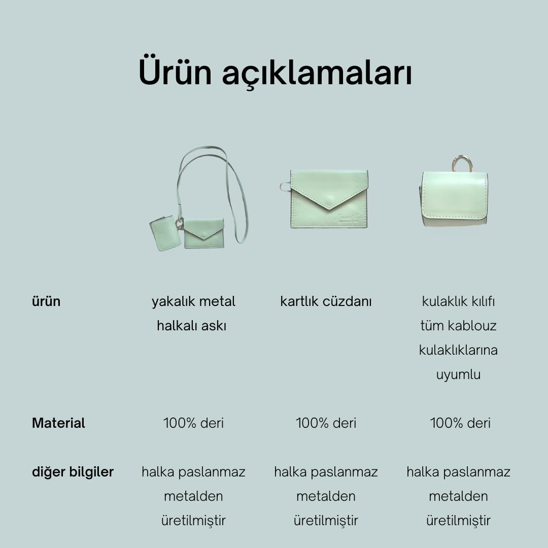 More and Mori Hakiki Deri Kordon boyun askılı Metal Tokalı Kadın Erkek Kredi kartlık Cüzdanı ve kablosuz kulaklık kılıfı Takım aksesuar (Mint Yeşil)