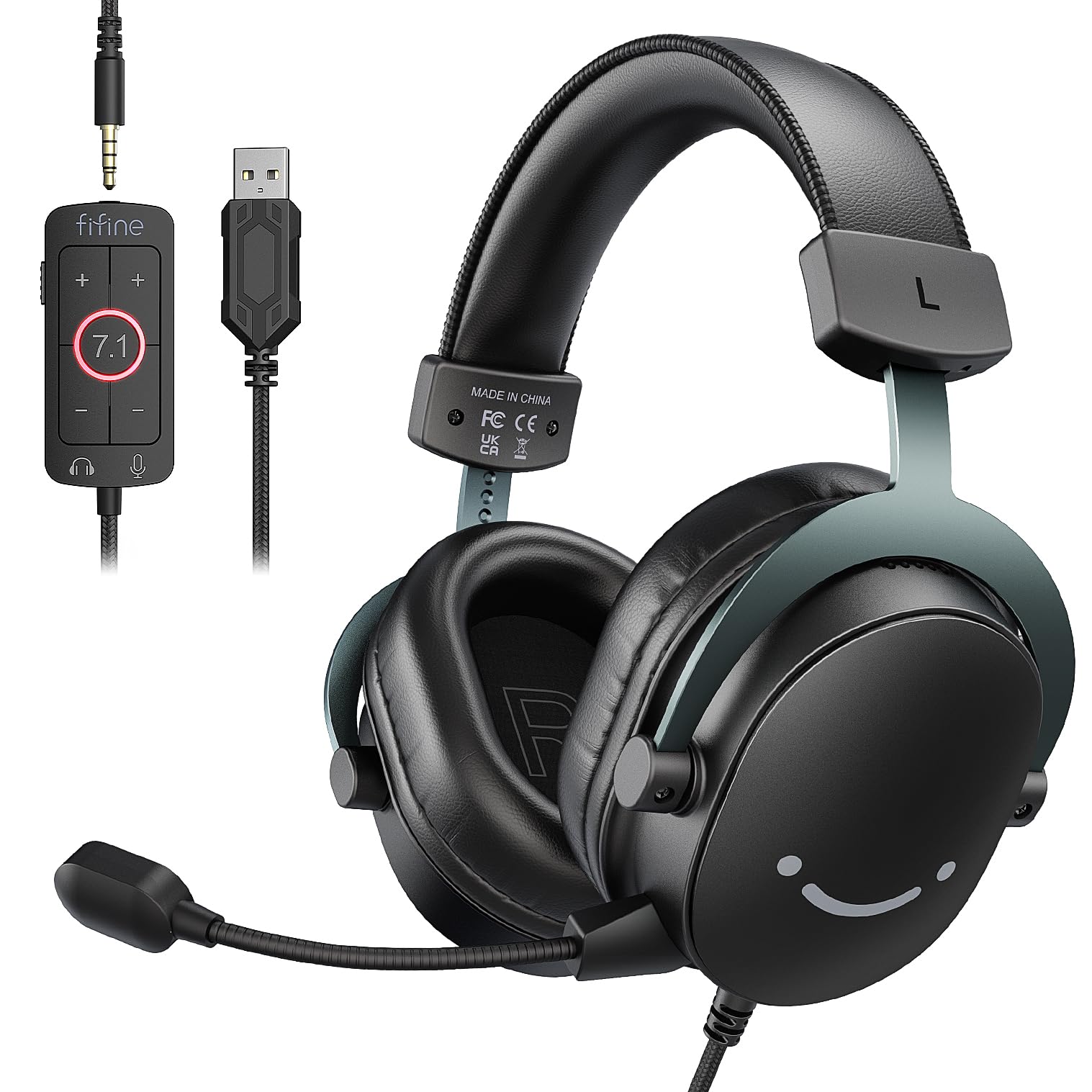 FIFINE 3,5 mm Ses Jaklı Oyun USB Kulaklığı, 7.1 Surround Ses, Çıkarılabilir Mikrofon, Ses Kontrolü, Kablolu Kulaklıklar Siyah PS5/PS4/Anahtar/XBOX denetleyici H9 için