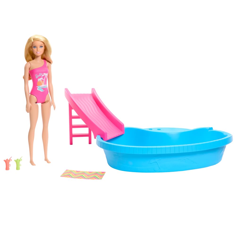 Barbie Bebek ve Havuz Oyun Seti, Tropikal Pembe Sarışın Havuz, Kaydırak, Havlu ve İçecek Aksesuarları ile Tek Parça Mayo