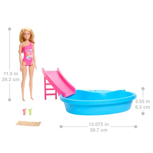 Barbie Bebek ve Havuz Oyun Seti, Tropikal Pembe Sarışın Havuz, Kaydırak, Havlu ve İçecek Aksesuarları ile Tek Parça Mayo