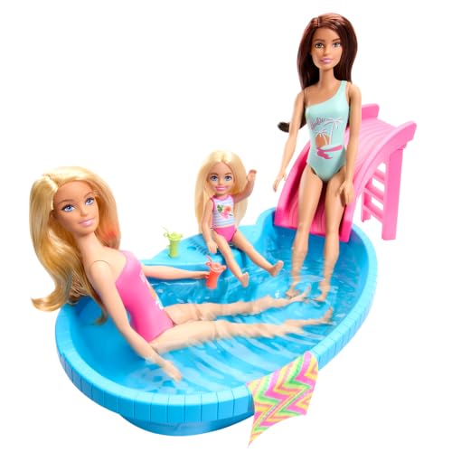 Barbie Bebek ve Havuz Oyun Seti, Tropikal Pembe Sarışın Havuz, Kaydırak, Havlu ve İçecek Aksesuarları ile Tek Parça Mayo