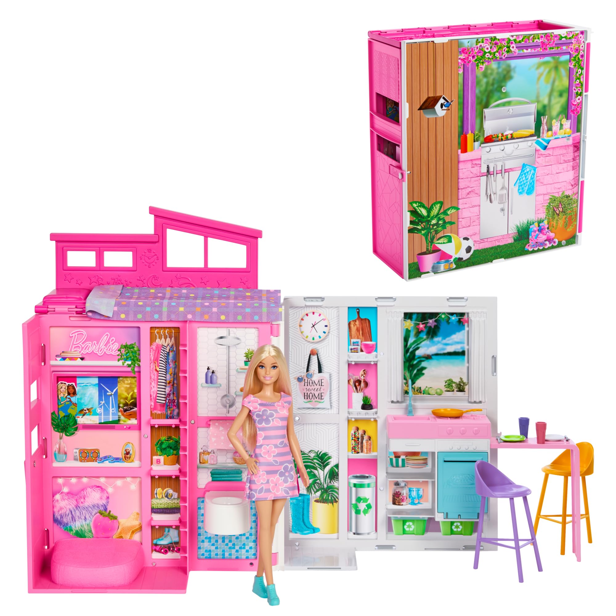 Barbie bebek ve evi oyun seti; mutfak, banyo, çatı katı yatak odası ve salon dahil 4 oyun alanı bulu