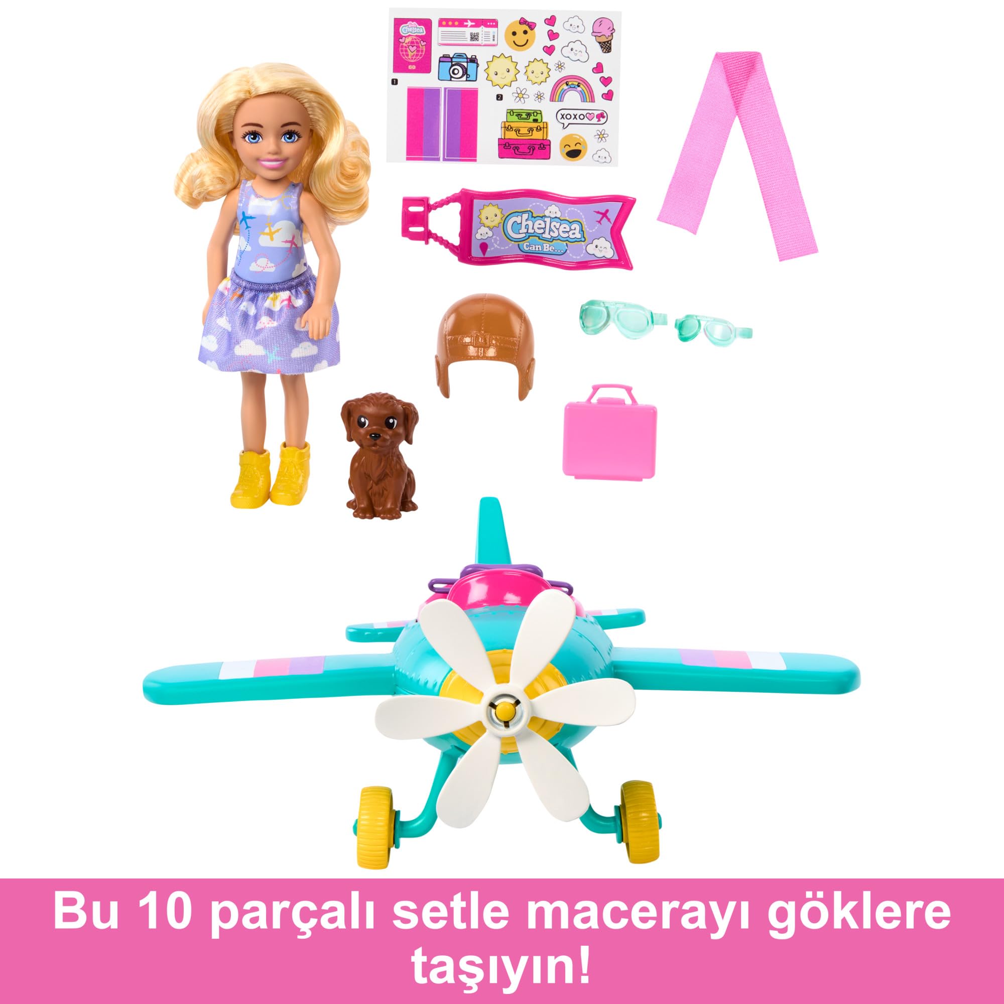 Barbie Chelsea Meslekleri Öğreniyor Bebek ve Uçak Oyun Seti, papatya şeklinde pervaneye sahip iki koltuklu uçak, yavru köpek ve çıkartmalarla birlikte 7 aksesuar, HTK38