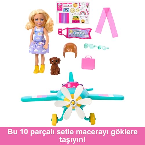 Barbie Chelsea Meslekleri Öğreniyor Bebek ve Uçak Oyun Seti, papatya şeklinde pervaneye sahip iki koltuklu uçak, yavru köpek ve çıkartmalarla birlikte 7 aksesuar, HTK38