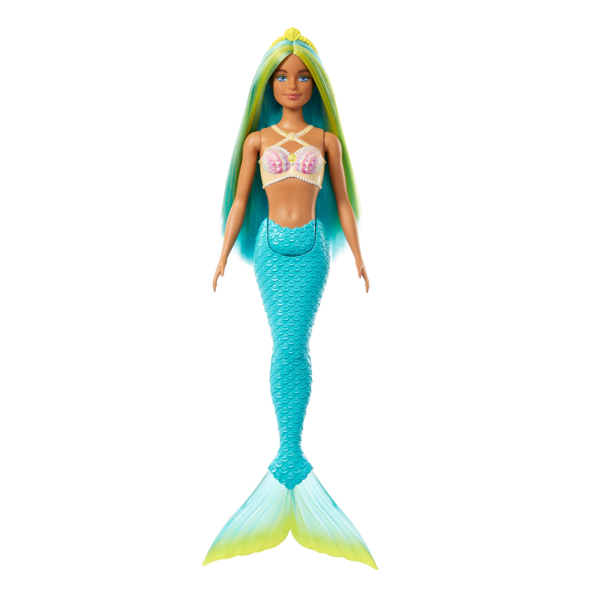 Barbie Bebek Mavi ve sarı renkli saçları, turkuaz kuyruğu ve saç aksesuarıyla Barbie deniz kızı bebe