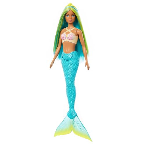 Barbie Bebek Mavi ve sarı renkli saçları, turkuaz kuyruğu ve saç aksesuarıyla Barbie deniz kızı bebe