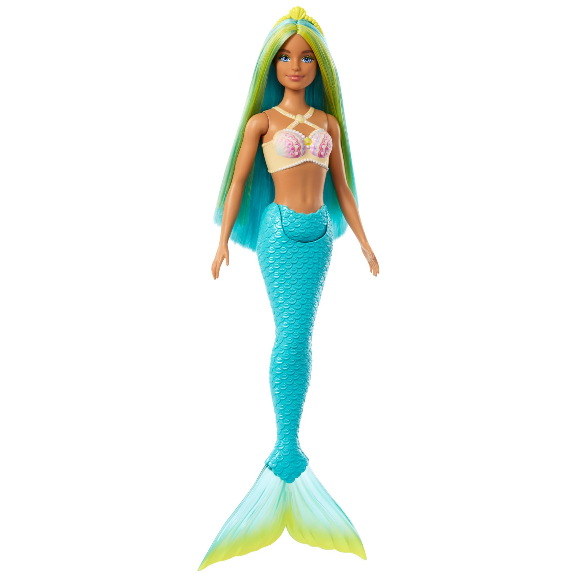Barbie Bebek Mavi ve sarı renkli saçları, turkuaz kuyruğu ve saç aksesuarıyla Barbie deniz kızı bebe