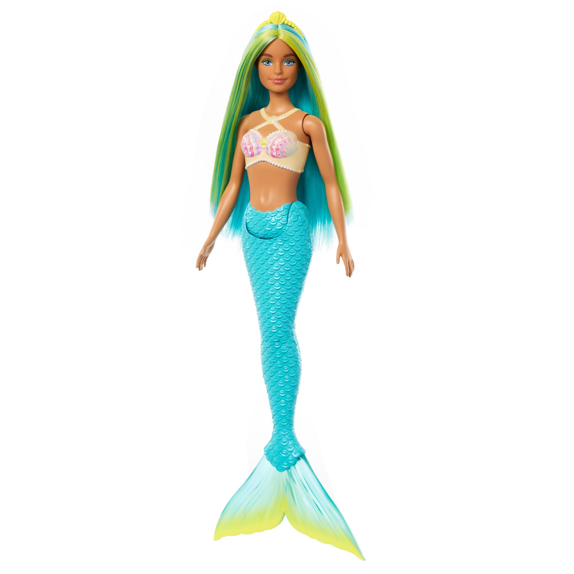 Barbie Bebek Mavi ve sarı renkli saçları, turkuaz kuyruğu ve saç aksesuarıyla Barbie deniz kızı bebe