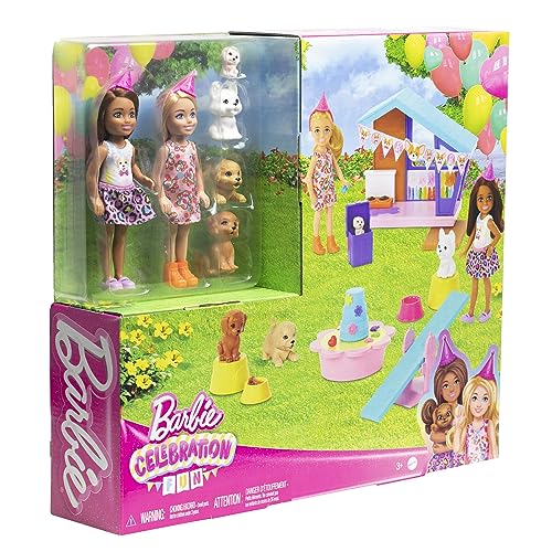 Barbie Chelsea Köpekçiğin Doğum Günü Oyun Seti, 2 küçük bebek, köpek kulübesi, yavru köpekler ve 15'ten fazla parti aksesuarı ile, HJY88