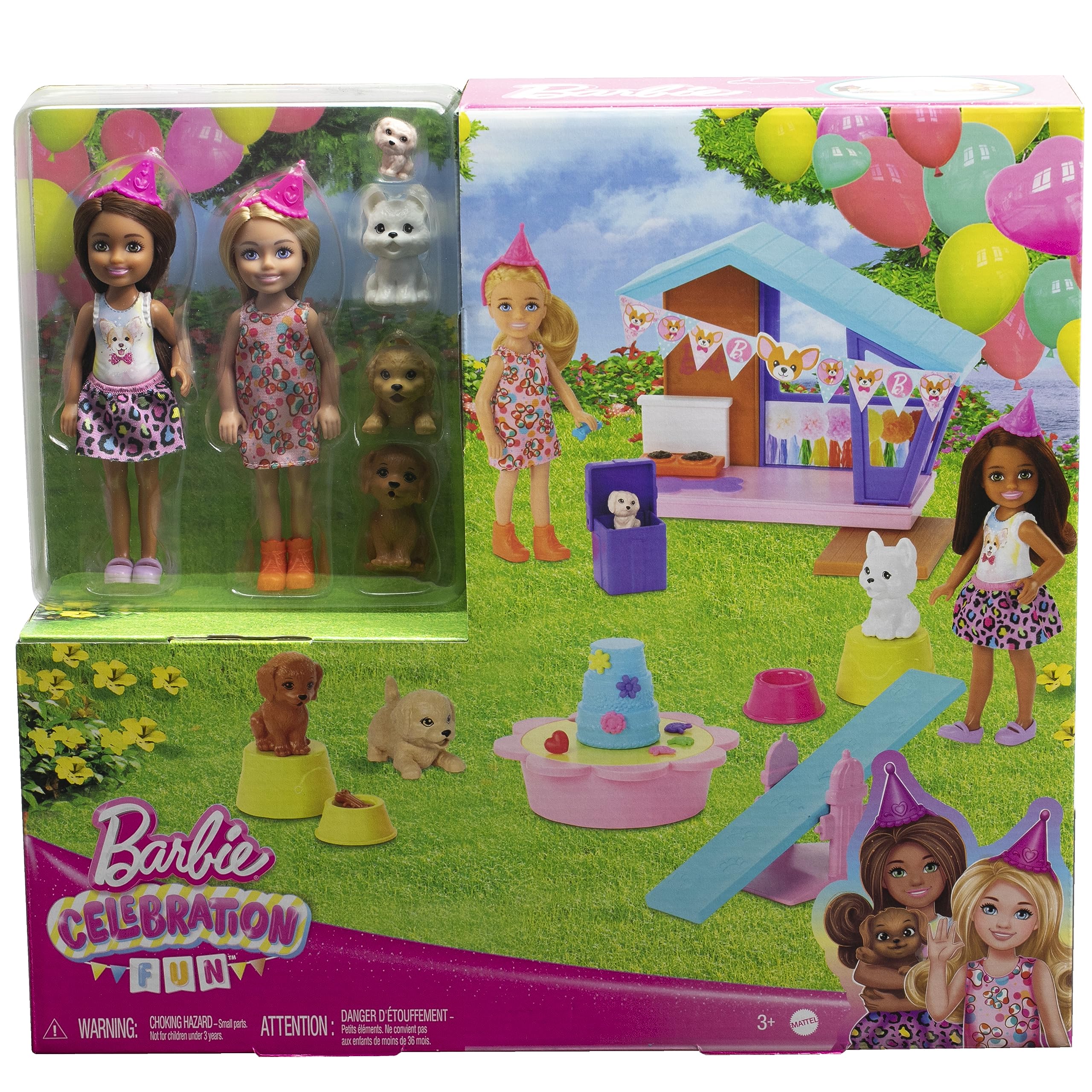 Barbie Chelsea Köpekçiğin Doğum Günü Oyun Seti, 2 küçük bebek, köpek kulübesi, yavru köpekler ve 15'ten fazla parti aksesuarı ile, HJY88