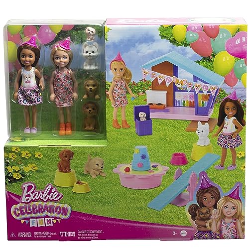 Barbie Chelsea Köpekçiğin Doğum Günü Oyun Seti, 2 küçük bebek, köpek kulübesi, yavru köpekler ve 15'ten fazla parti aksesuarı ile, HJY88