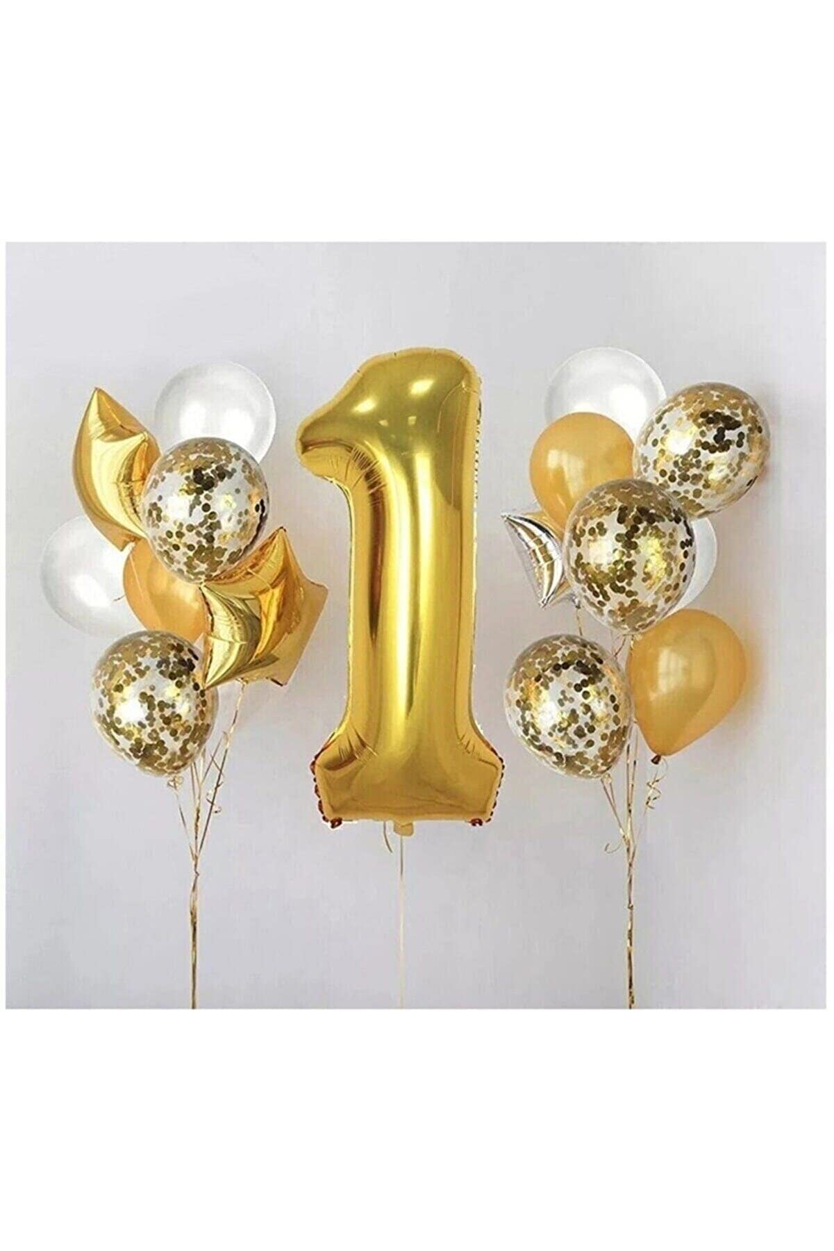 Bkmc 1 Yaş Gold Folyo Balon Şeffaf Balon Seti Doğum Günü Parti Seti Gold bmcNM270