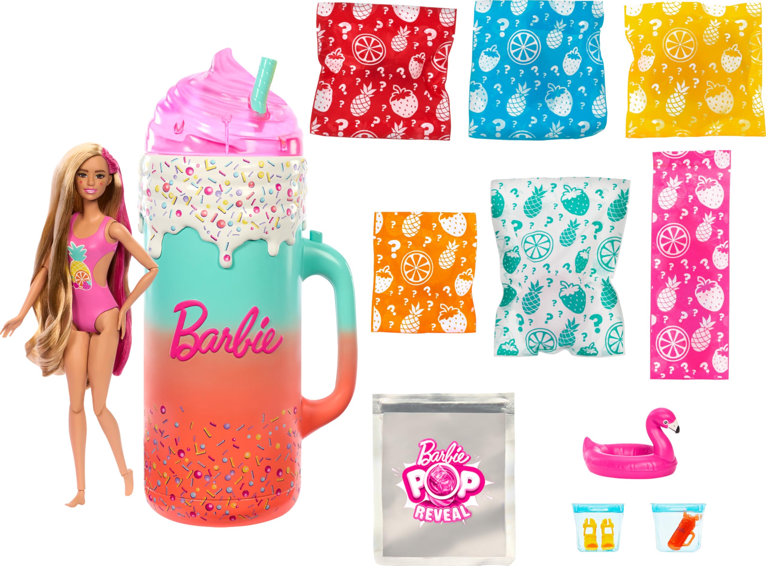 Barbie Pop Reveal bebek ve aksesuarları; kokulu bebek, yumuşacık evcil hayvan, renk değişimi özelliği ve şekillendirilebilir kum gibi 15'ten fazla sürpriz içeren Sürprizli Bardak Oyun Seti, HRK57