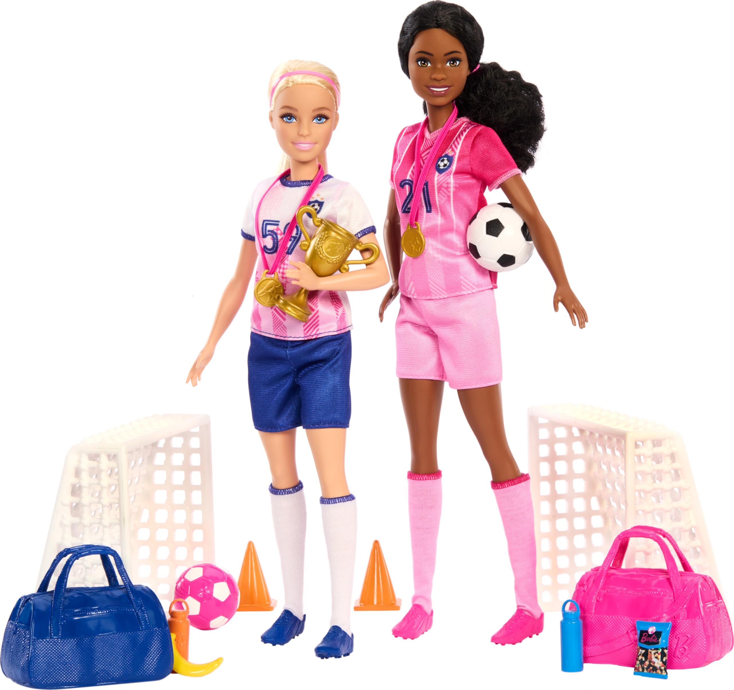 Barbie kariyer bebekleri ve 15 aksesuar, Barbie 'Brooklyn' ile sarı saçlı ve minyon bebek, 2 kale, 2 top ve daha fazlasıyla Futbolcu Bebekler oyun seti, HRG88