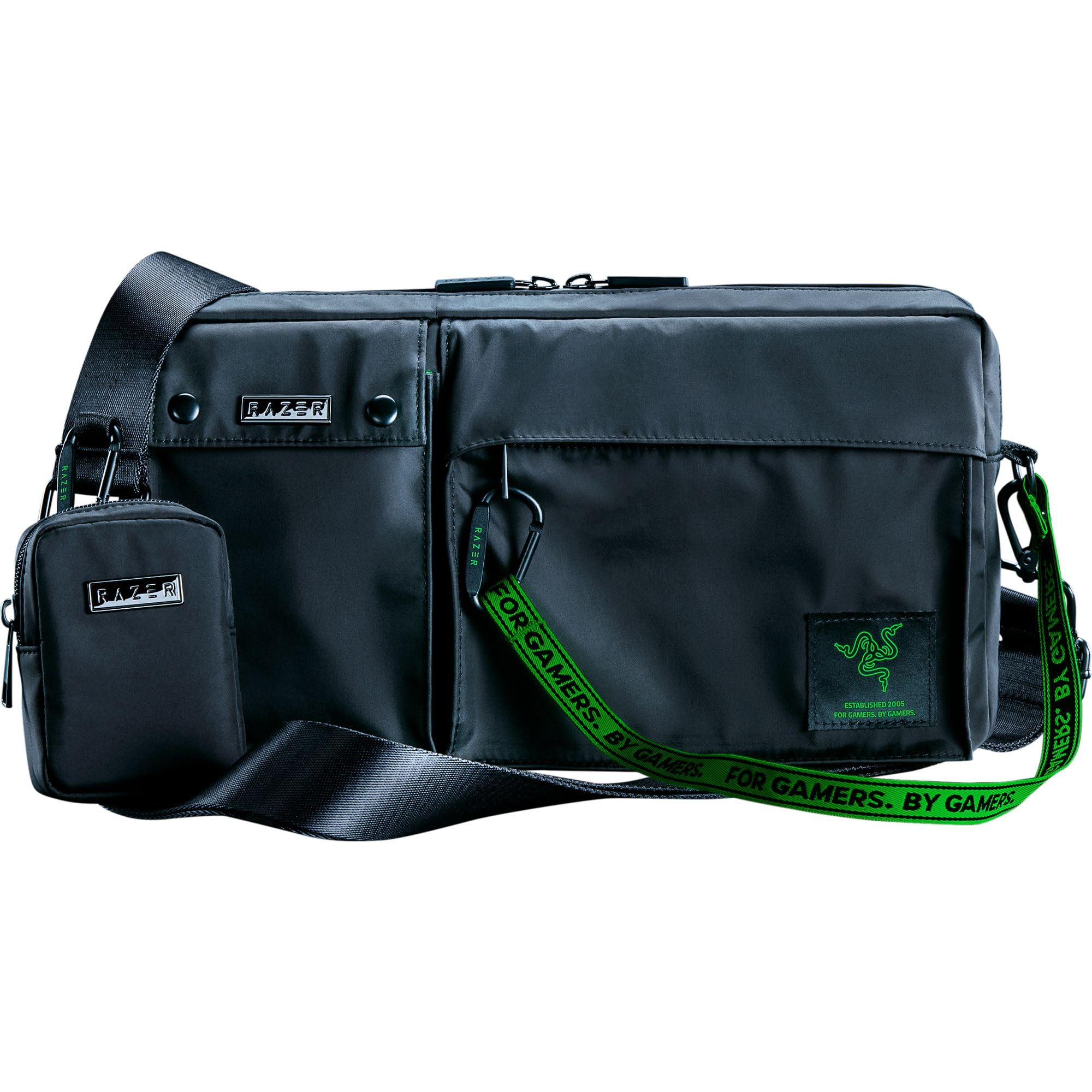 Razer Xanthus Crossbody Çanta - Kishi, Steam Deck, Nintendo Switch'e uyar - Su Geçirmez Naylon - Çıkarılabilir Kulaklık Mini Kılıfı - 3 dış ve 3 iç cep - Çıkarılabilir Omuz Askısı